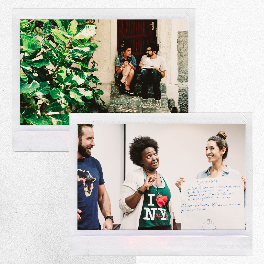 Two polaroids of people speaking at Amani Institute